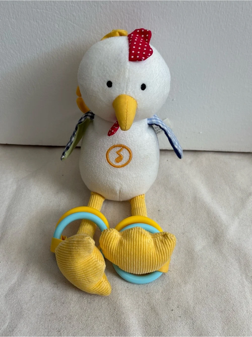 Pottery Barn Kids Chicken Bird Plush Baby Toy w/ Plastic Rings NO SOUND